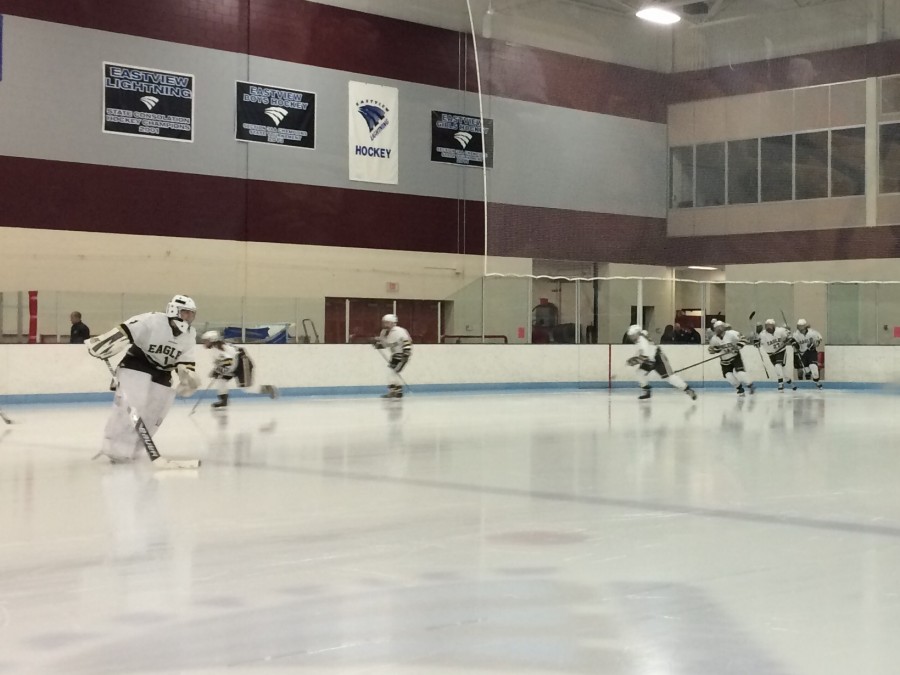 Apple Valley girls begin to warm up before the second period, Tuesday night.