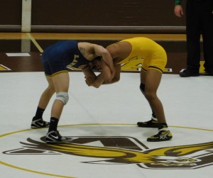 Apple Valley's Jalen Thul engages with Prior Lake's Gunner Charbonneau. Thul pulled the upset, 1-0.