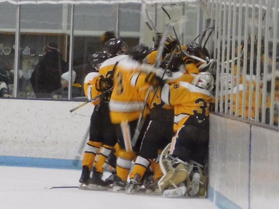 The team celebrates after Chad Messerich scored the game winning goal in overtime.