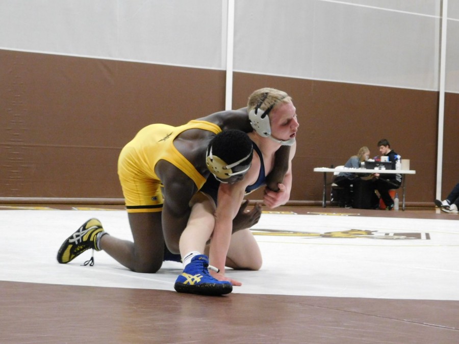 Apple Valley's Prince Hyeamang (gold) takes down Prior Lake's Calvin Sund. Hyeamang won 10-4