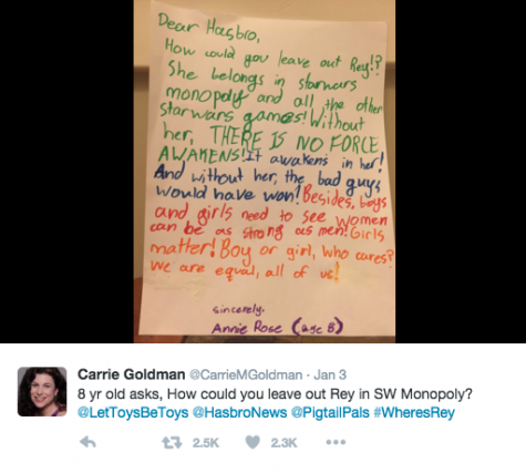 Tweet from Carrie Goldman's account, showing her daughter Annie Rose's letter to Hasbro regarding their Star Wars Monopoly game.