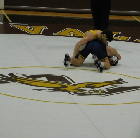 Apple Valley's Nate Larson (gold) wrestles Prior Lake's Curtis LeMair