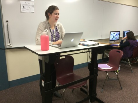 Ms. Opsahl has a clear view of her students in the computer lab while using the standing desk.