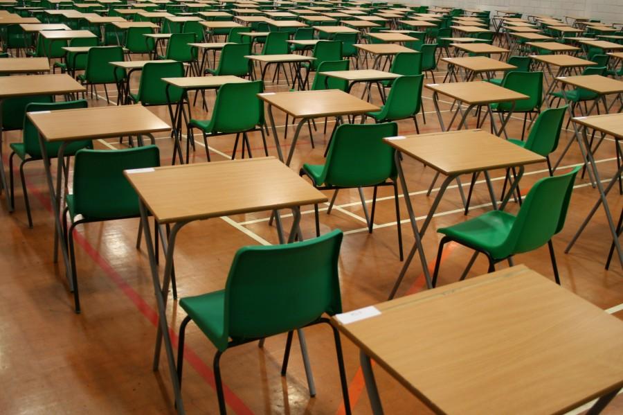 Desks arranged in rows for testing