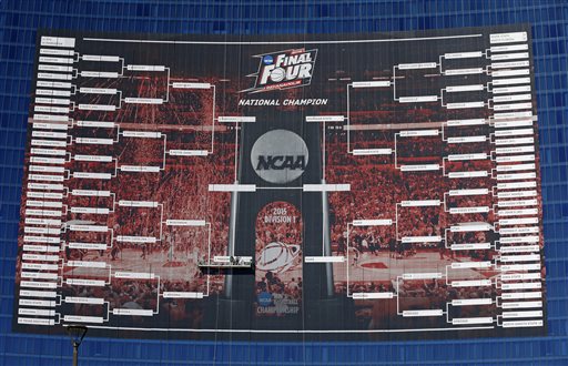 A giant bracket for last year's March Madness tournament was hung on the side of the JW Marriott building last year in Indianapolis.