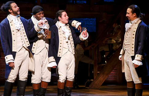 (Right to left) Lin-Manuel Miranda as Alexander Hamilton, Anthony Ramos as John Laurens, Okieriete Onaodowan as Hercules Mulligan, and Daveed Diggs as Marquis de Lafayette