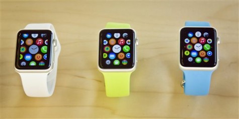 Apple Watches appear on display, Friday, April 10, 2015, in New York. 