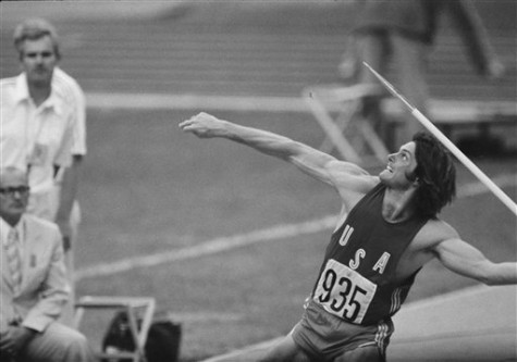 Bruce Jenner tosses the javelin in the decathlon competition at the Montreal Olympics. Jenner became the decathlon gold medalist and set a world record in points.