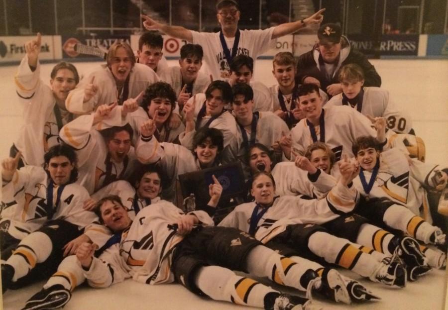 The 1996 Apple Valley boys' hockey team celebrates its state title
(Photo courtesy of Chris Sikich)