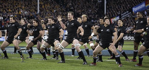 The New Zealand All Blacks perform the haka against Australia in the Bledisloe Cup/Tri Nations rugby test at Eden Park, Auckland, New Zealand, Saturday, Aug. 19, 2006. (AP Photo/NZPA, Pool)