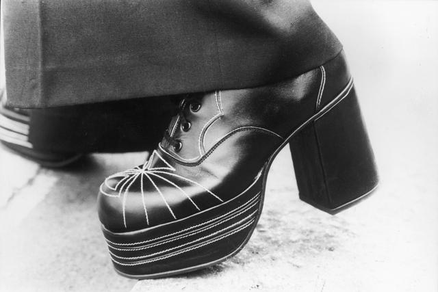 Men's platform shoes from the mid 70's. They ranged from relatively plain to covered in glitter.