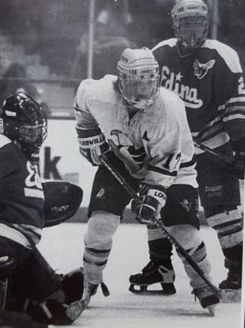 Apple Valley's Chris Sikich camps in front of the net in the 1996 state title game (Photo via Apple Valley yearbook)