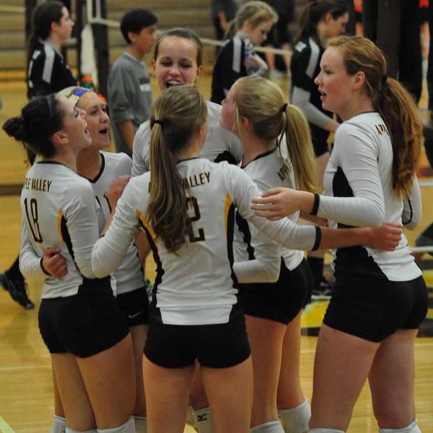 The varsity volleyball team celebrates after a scored point.