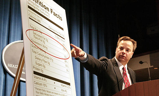 Food and Drug Administration (FDA) Commissioner Mark McClellan points to an enlarged version of a food label during a news conference at the Health and Human Services Department in Washington Wednesday, July 9, 2003 where it was announced that food labels will be required to list the amount of unhealthy trans fatty acids, or trans fat. The new requirement will mean that manufacturers of most conventional foods and some dietary supplements will have to list in the Nutrition Facts panel the trans fat content of the product.  (AP Photo/Akira Ono)