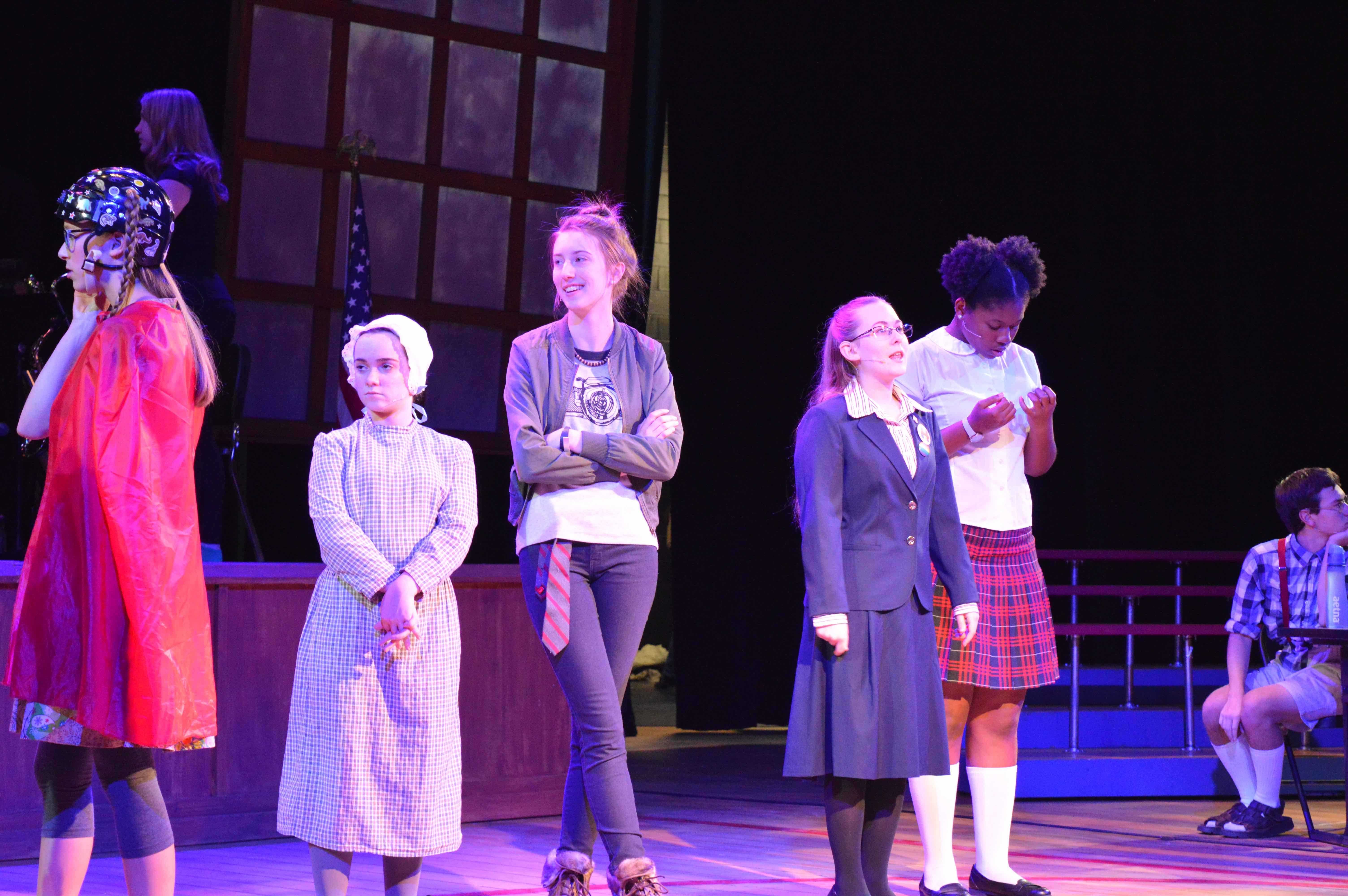 Rehearsal including students (Left to right) Kati Devitt, Brynn Berg, Lauren Bernard, Amanda Jackson and Uzo Ngwu