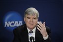 NCAA President Mark Emmert answers a question at a news conference Sunday, April 6, 2014, in Arlington, Texas. (AP Photo/David J. Phillip)