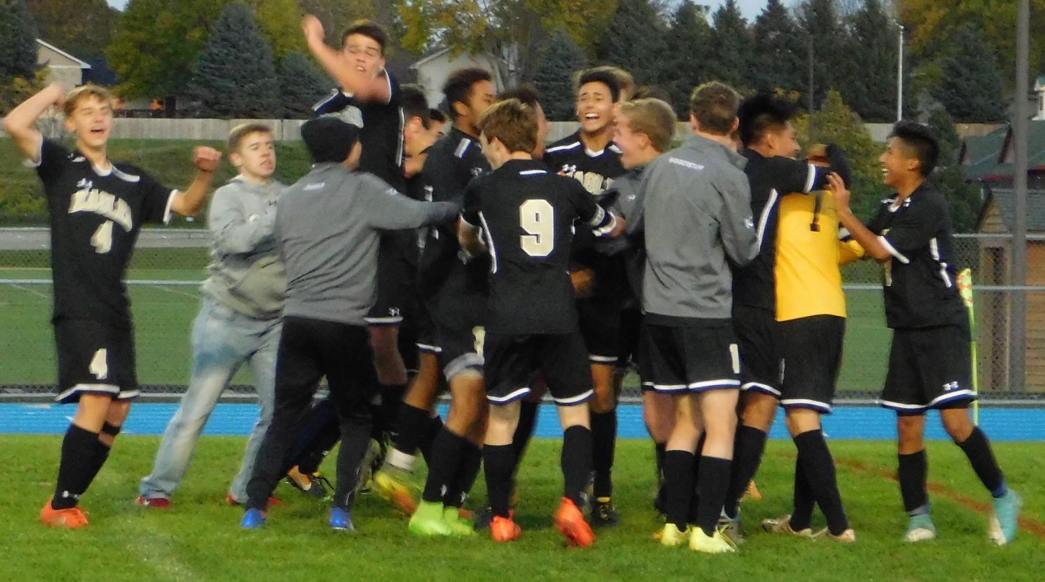 The team celebrates after winning the game.