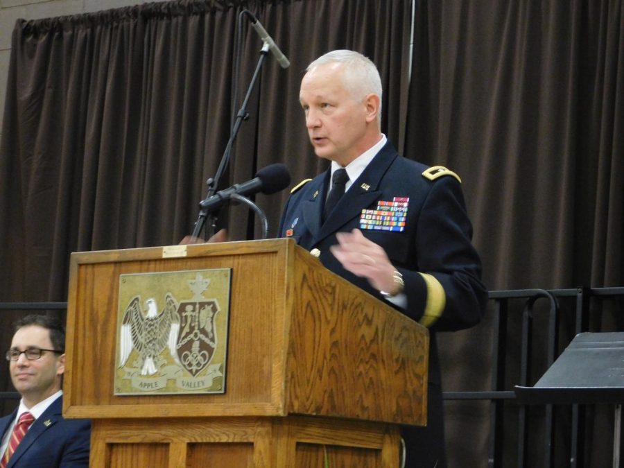 Major General Jon Jensen, active member of the National Guard and AVHS Parent, gives the Veterans Day address.