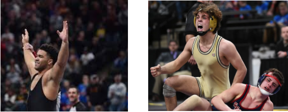 Gable Steveson (left) and Nate Larson celebrate their state titles.