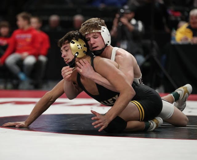 Sebas Swiggum captured his first individual state championship, defeating Drew Woodley of Northfield in the closing seconds of the third period.